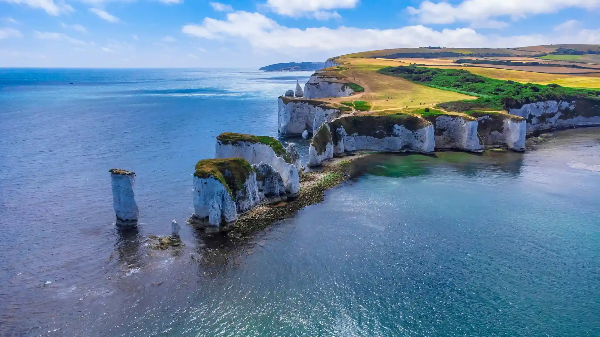 Old Harry Rocks chalk sea stacks on the Jurassic Coast World Heritage Site in Dorset, England, viewed from the South West Coast Path.