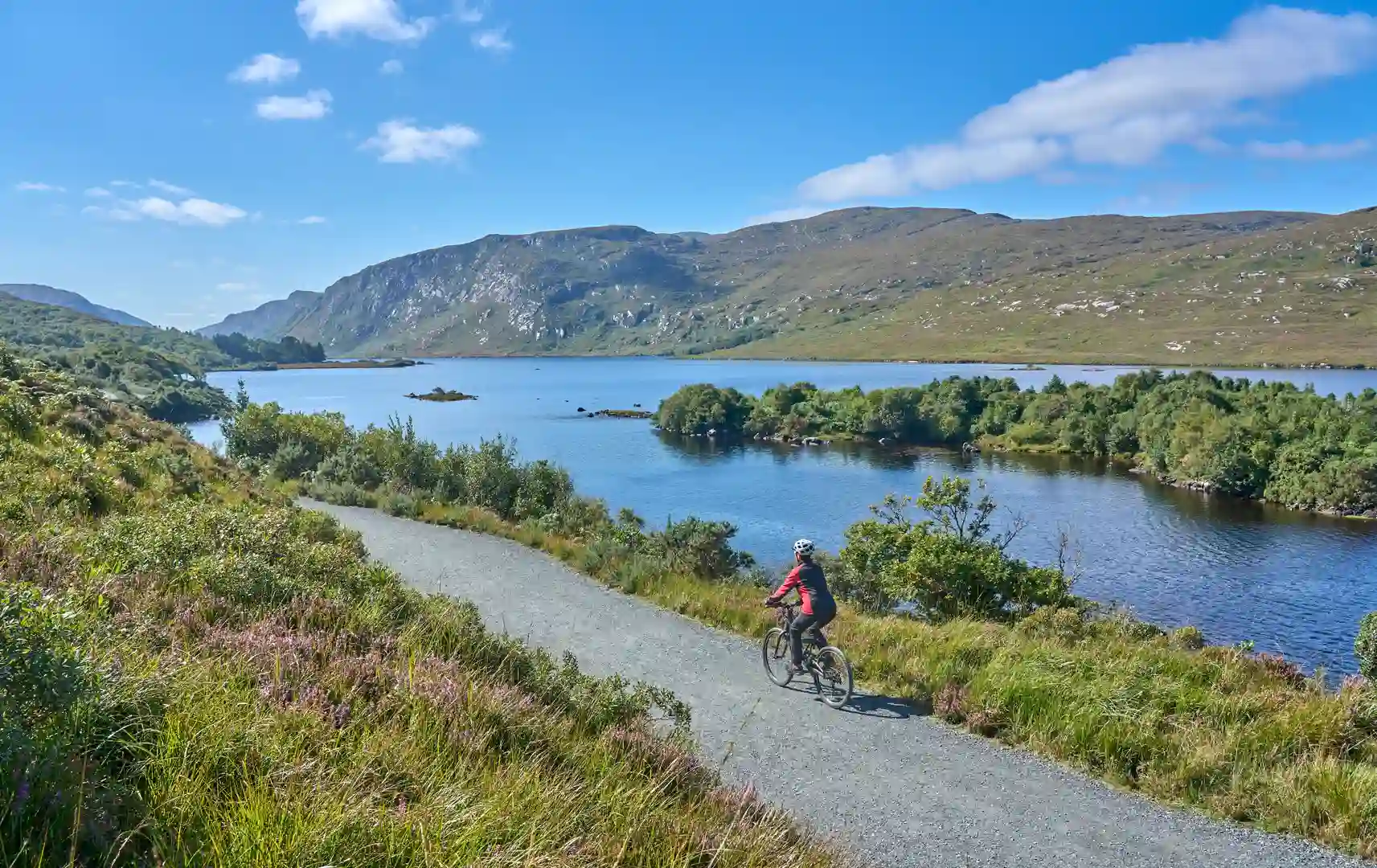 Cyclist riding along a lakeside trail surrounded by heather and greenery in Glenveagh National Park, County Donegal, with mountains and blue sky in the background.
