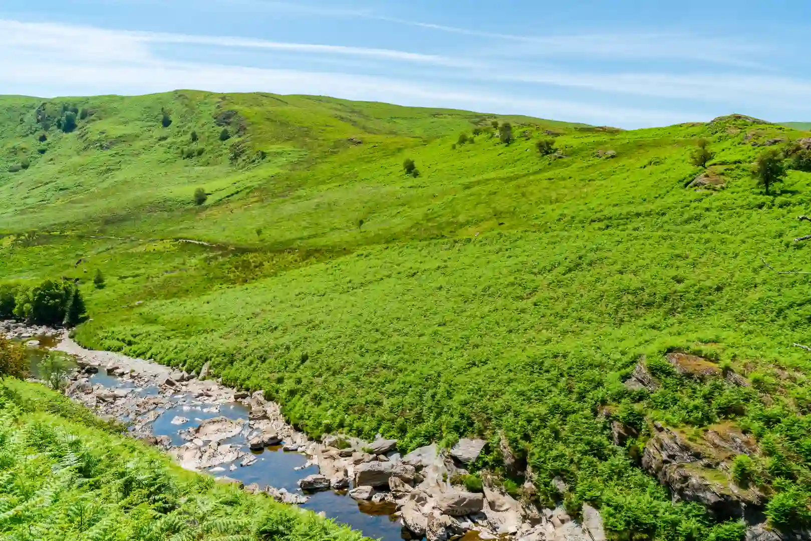 View across green hills and a winding river in the Cambrian Mountains near the Elan Valley, Mid Wales, showing restored peatland and wild upland scenery.
