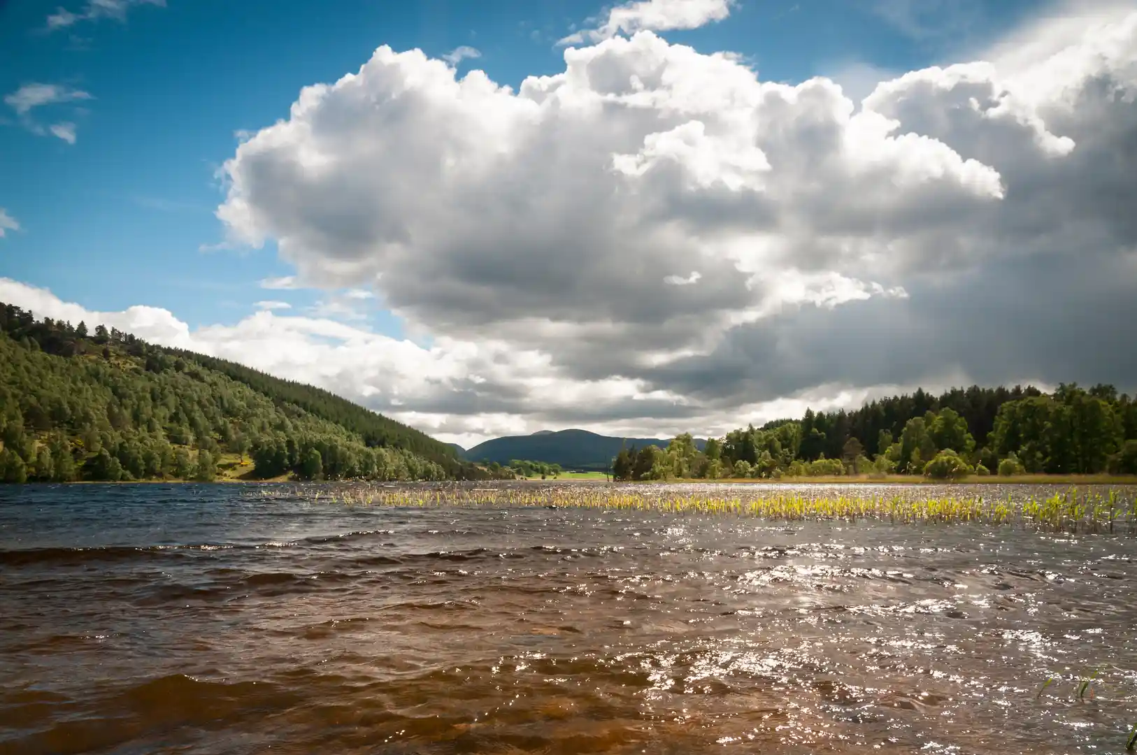 View across Loch Insh in Badenoch and Strathspey, surrounded by forested hills and open skies in the Cairngorms National Park, Scottish Highlands.