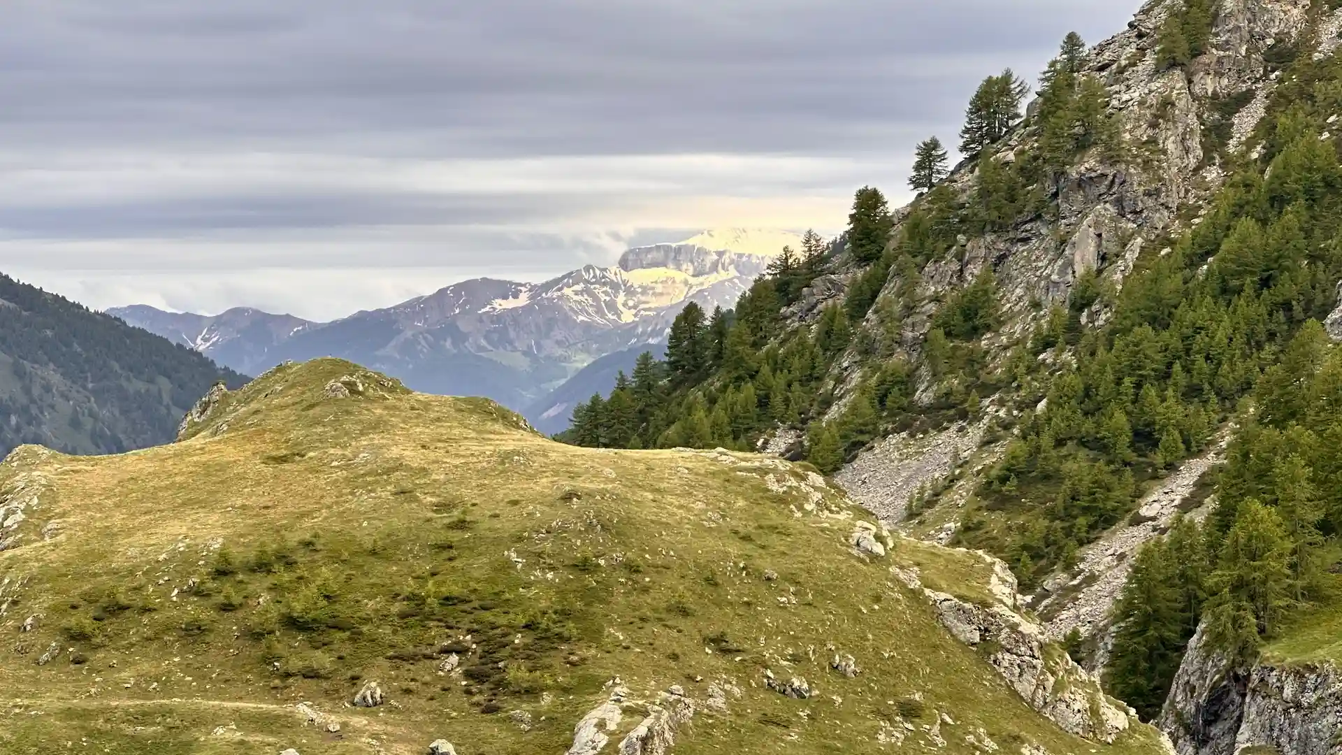 Alpine walking landscape above Saint-Étienne-de-Tinée in Mercantour National Park, with open meadows and larch forest.