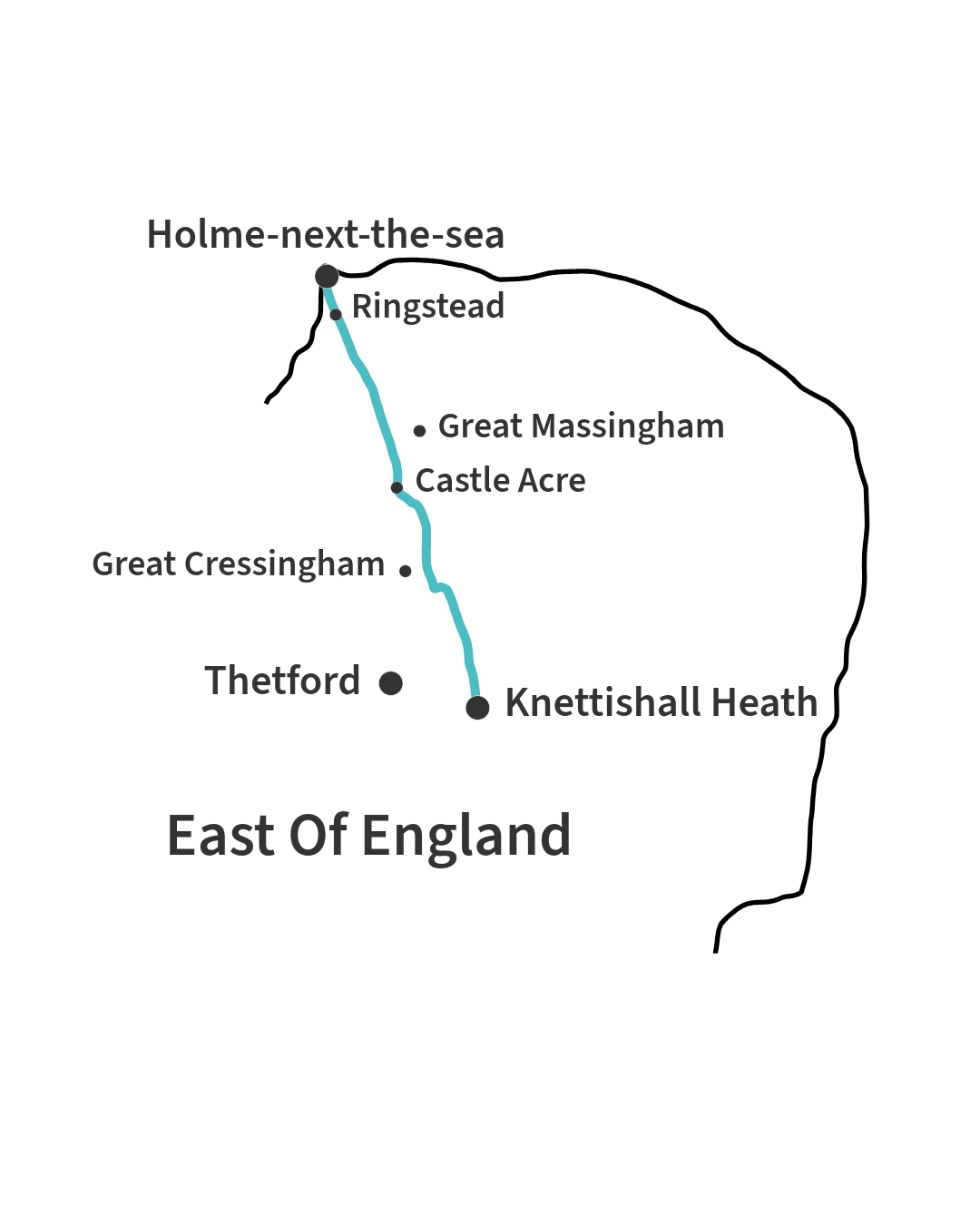 Map of East Anglia showing the Peddars Way route and key places along the trail.