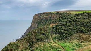 Walker ascending the Cleveland Way along steep clifftops above the North Sea on the North Yorkshire coast.