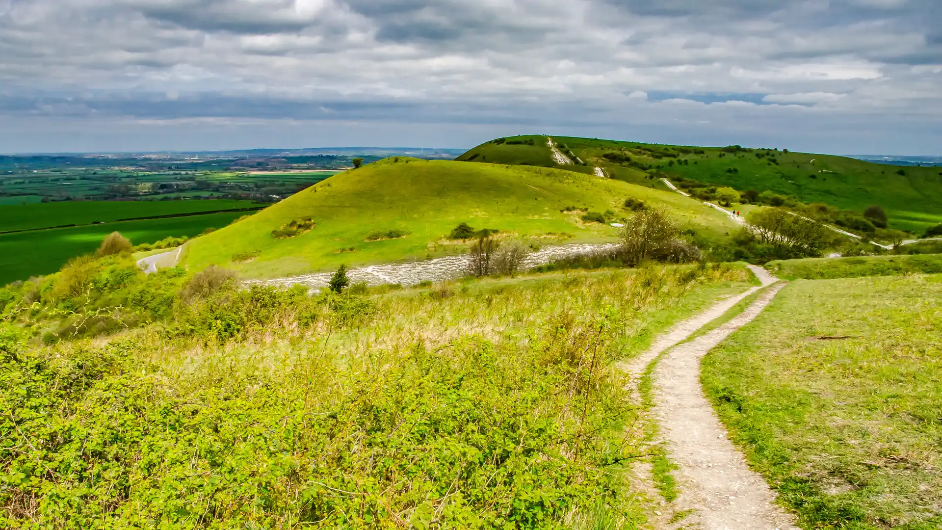 Chalk downland ridge path along the Icknield Way across rolling hills and open countryside in southern England.