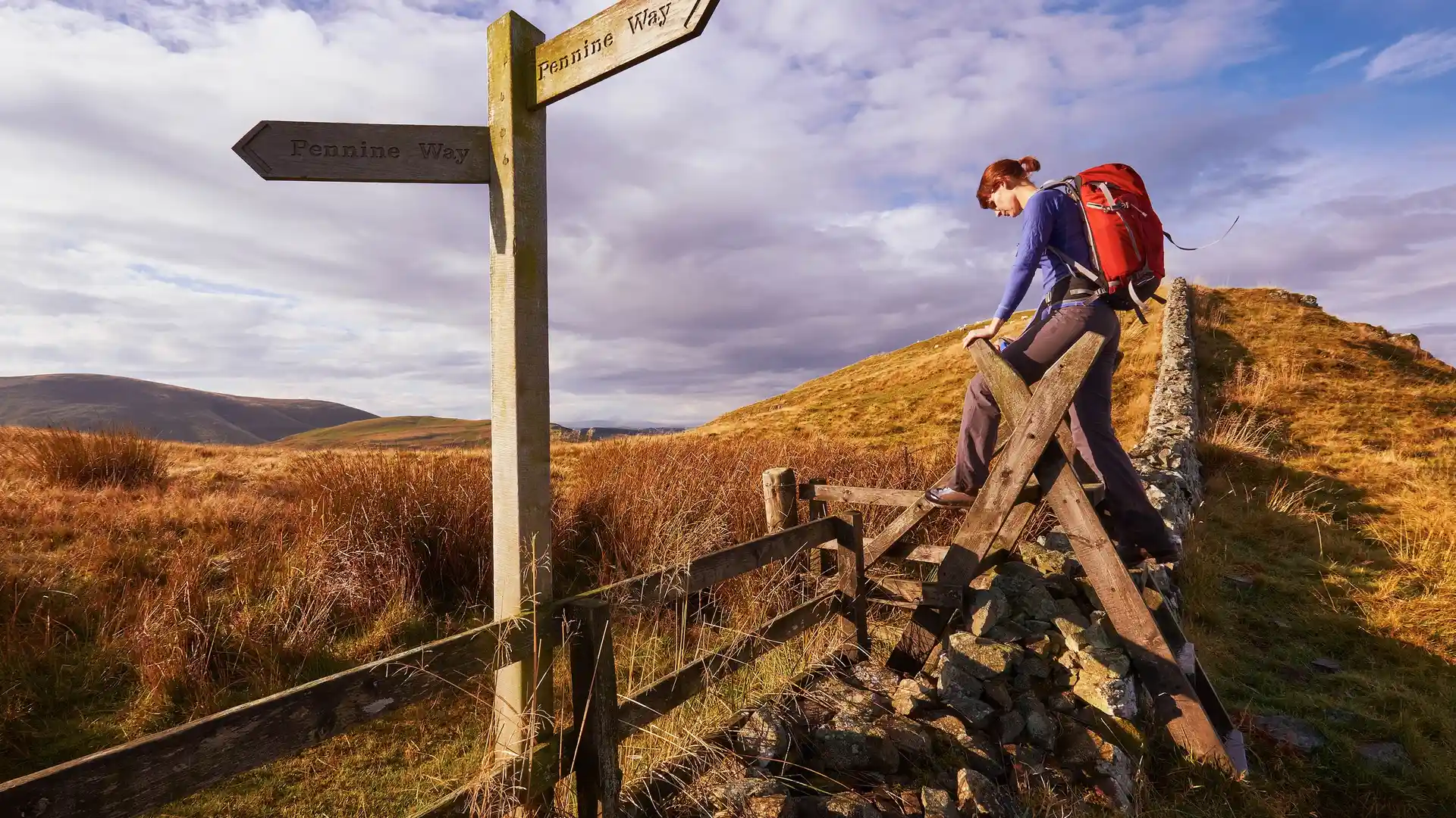 Walker crossing a stile beside a Pennine Way signpost on open upland moorland.
