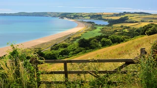 Rolling farmland and estuary views along the South West Coast Path in South Devon.