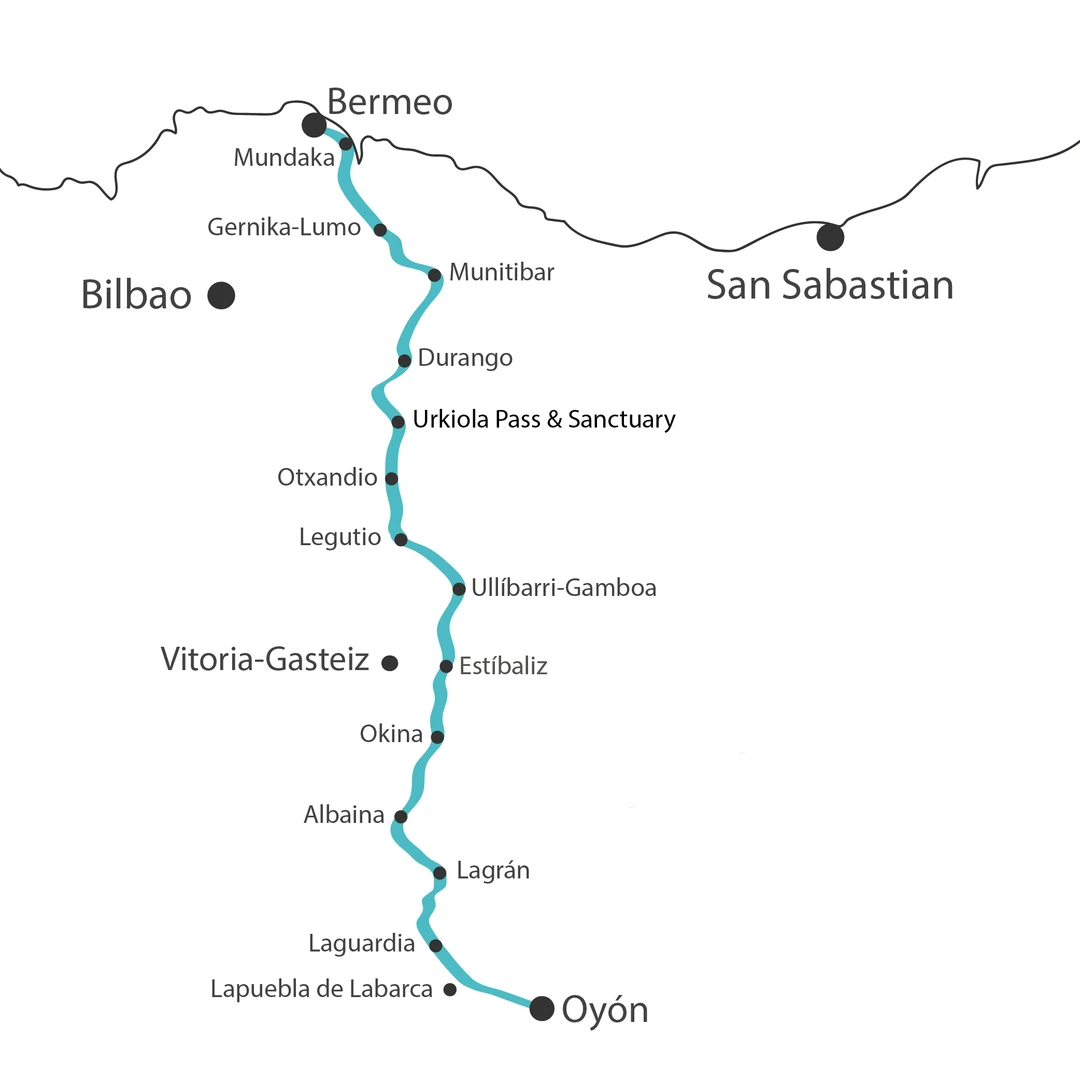 Mapa de la GR® 38 Ruta del Vino y el Pescado desde Oyón en Rioja Alavesa hasta Bermeo en la costa del mar Cantábrico, en el País Vasco.