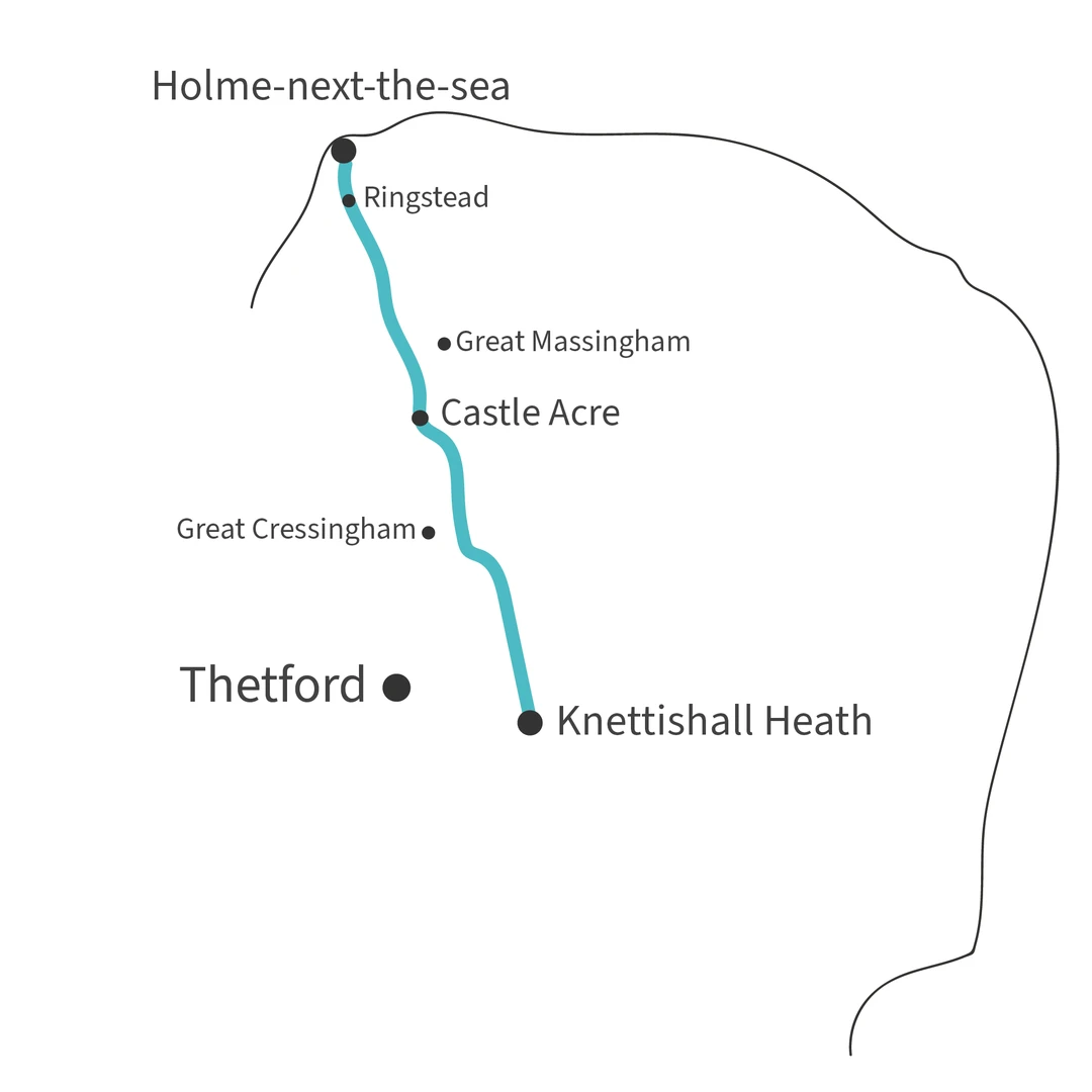 Outline of the Peddars Way showing the route, key stops, and start and finish points.