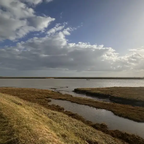 Estuary marshland and tidal creeks with big skies along the Suffolk Coast and Heaths National Landscape.