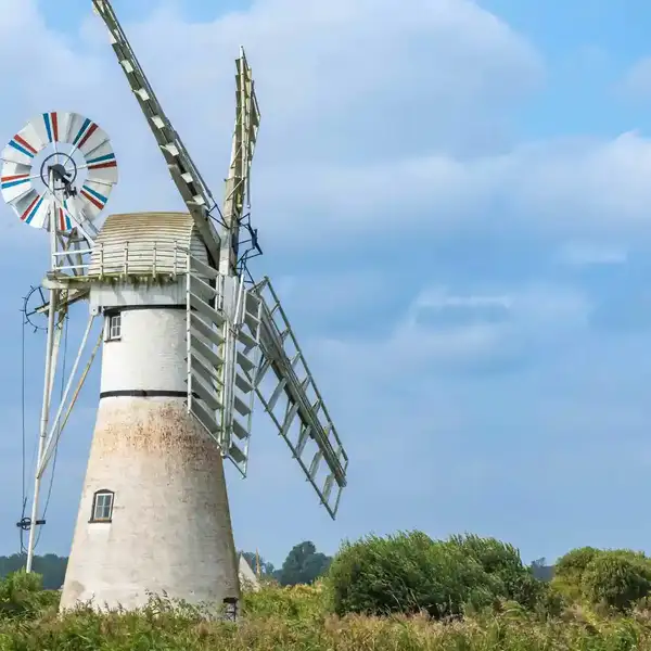 Traditional windpump beside marshland on the Weavers’ Way in the Norfolk Broads.