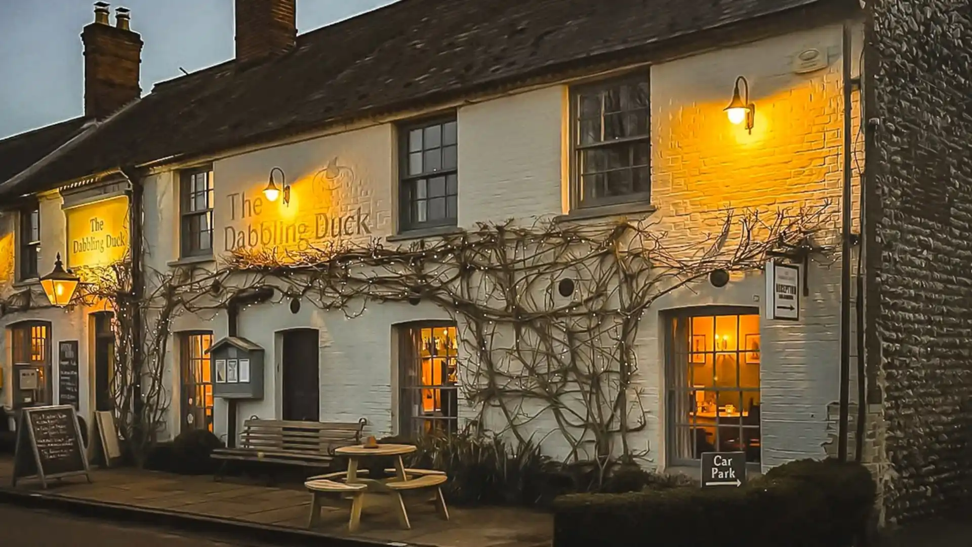 The Dabbling Duck pub in Great Massingham, Norfolk, illuminated at dusk along the Peddars Way National Trail.