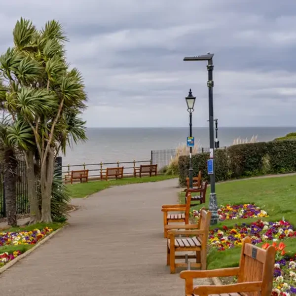 Hunstanton seafront at the start of the Norfolk Coast Path, with the promenade, gardens, and views across The Wash.