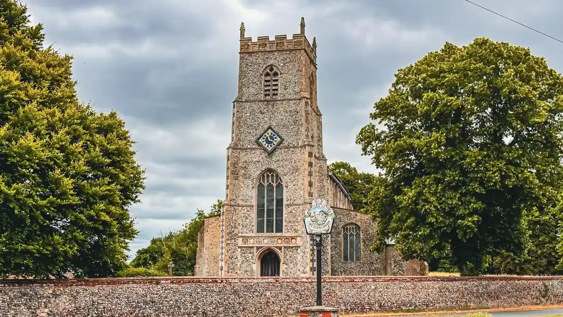 View of Great Cressingham church on a cloudy summer day.