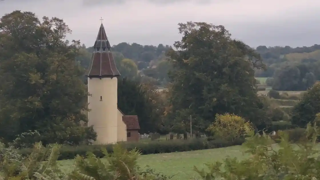 Rural church and countryside landscape along the Stour Valley Path.