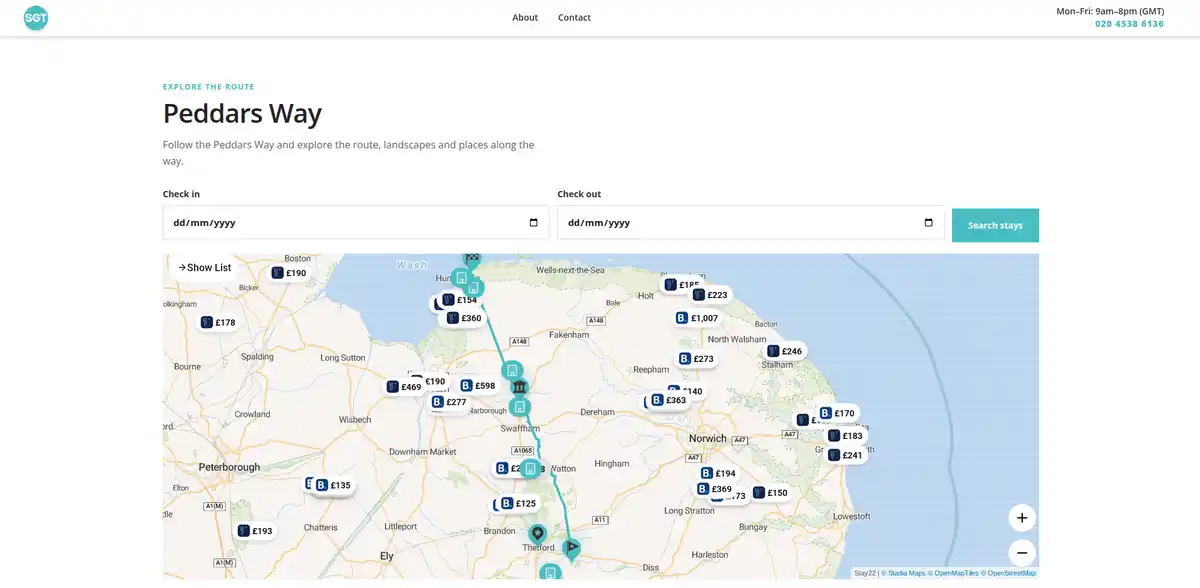 Interactive accommodation map showing the Peddars Way GPX route and places to stay along and around the trail in Norfolk.