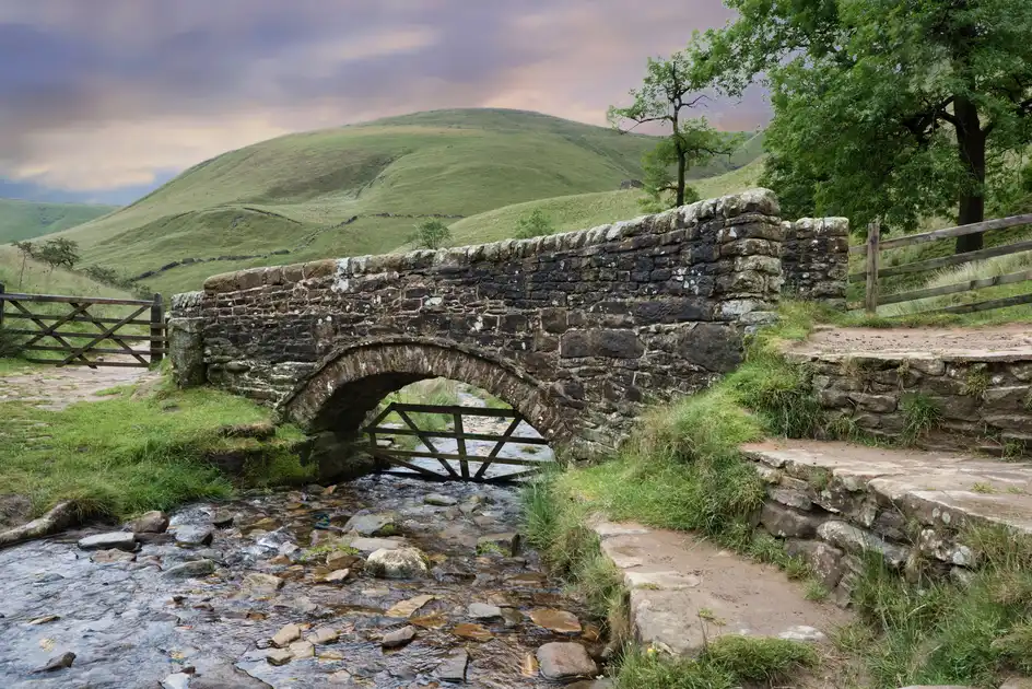 Stone footbridge on the Pennine Way near Edale in the Peak District National Park.