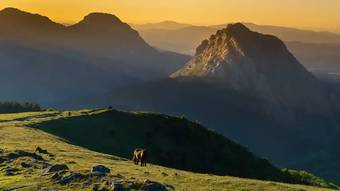 Sunset light over limestone peaks and grazing pasture near Urkiolamendi in Urkiola Natural Park, Basque Country, Spain.