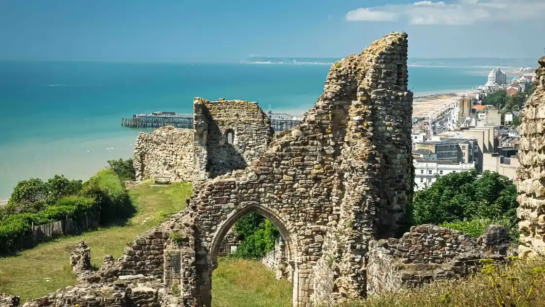 Ruins of Hastings Castle overlooking the coast on the Saxon Shore Way.