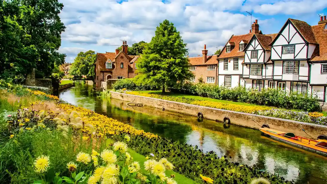 Historic buildings beside the River Stour in Canterbury on the Pilgrims’ Way.