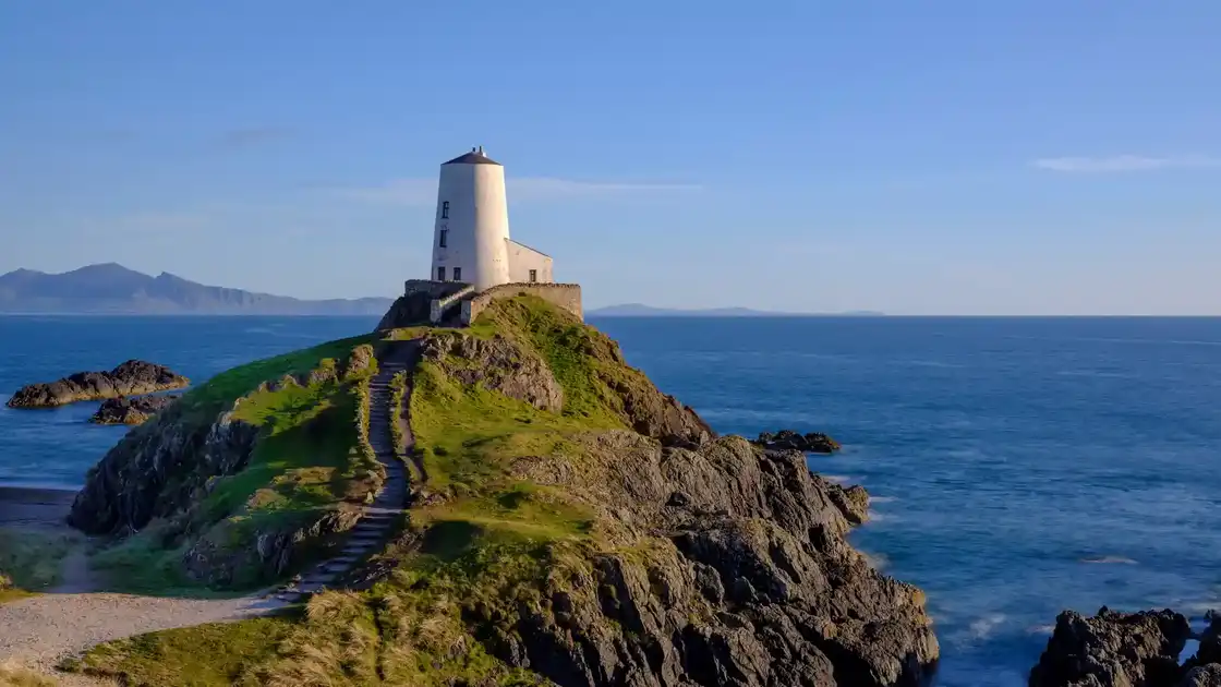 Tŵr Mawr Lighthouse on Ynys Llanddwyn along the Anglesey Coast Path, North Wales.