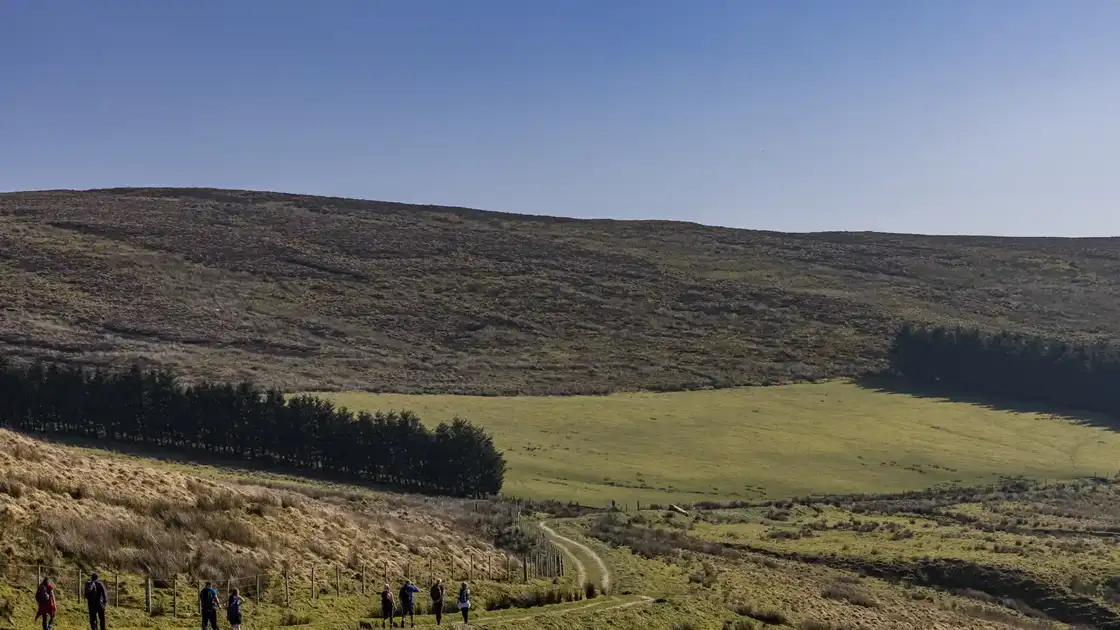 Walkers following a rural section of the Ulster Way through open moorland and rolling countryside in Northern Ireland.