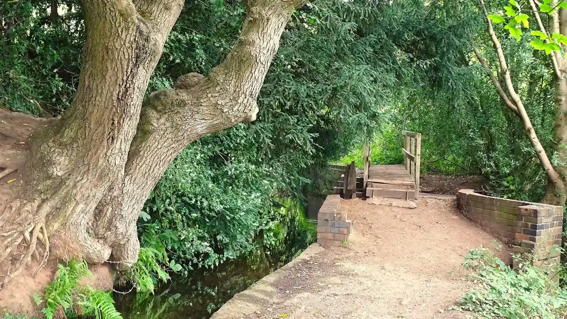 Woodland footpath and small bridge beside Sant's Brook in Rugeley, Staffordshire, surrounded by mature trees and riverside vegetation.
