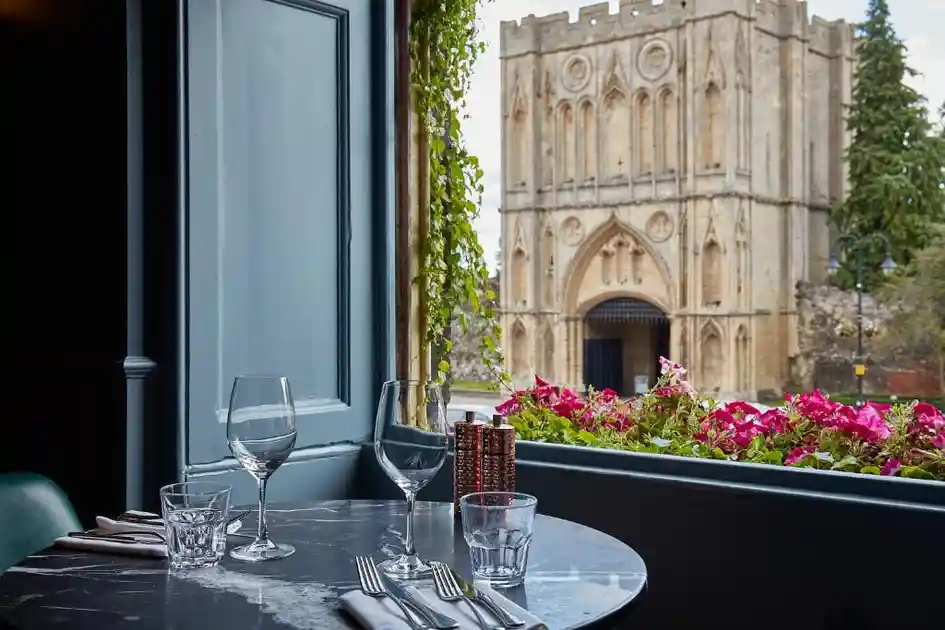Restaurant table at The Angel Hotel overlooking the Abbey Gate in Bury St Edmunds.