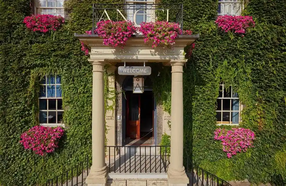 Ivy-covered entrance to The Angel Hotel on Angel Hill in Bury St Edmunds.