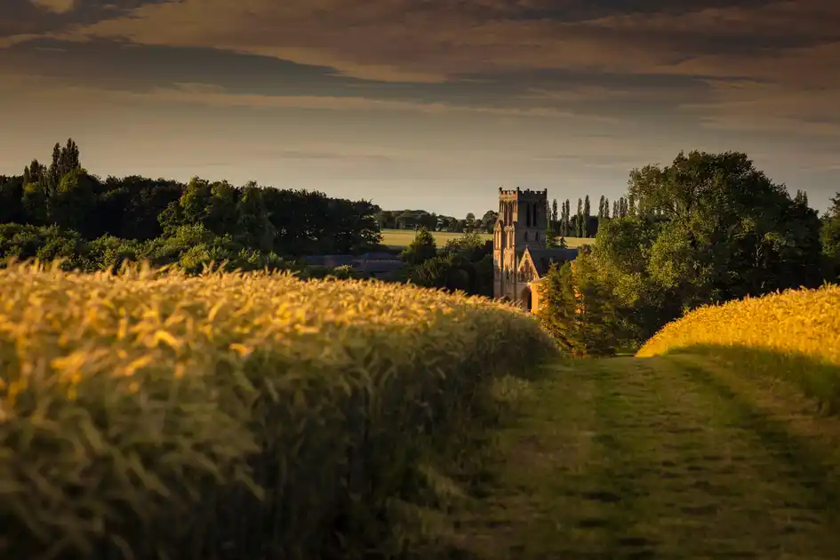 Historic stone church surrounded by golden fields, mature trees and rolling countryside beneath an evening sky.