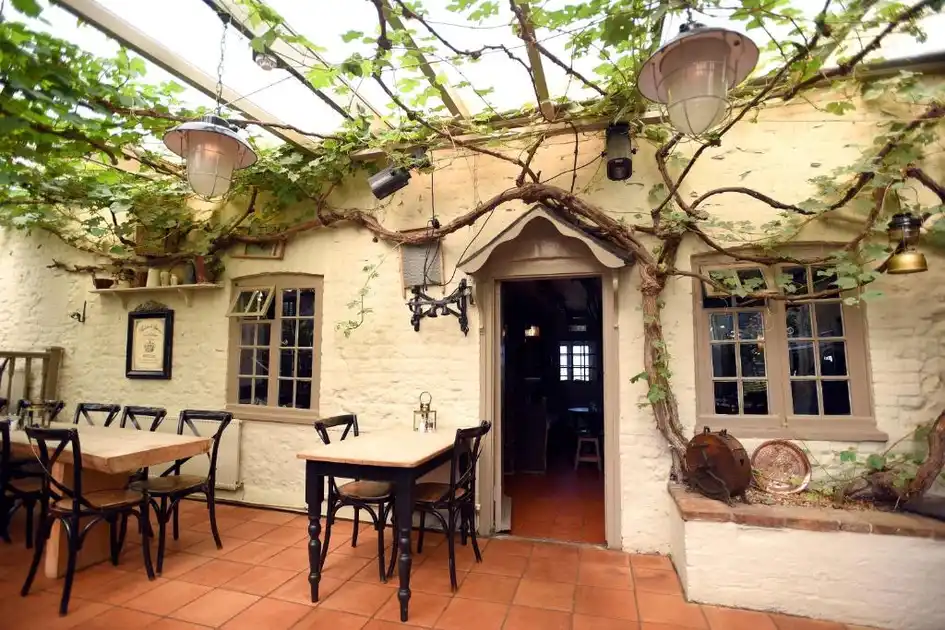 Covered courtyard dining area at The Lifeboat Inn in Thornham, Norfolk, with wooden tables, climbing vines and hanging lanterns.