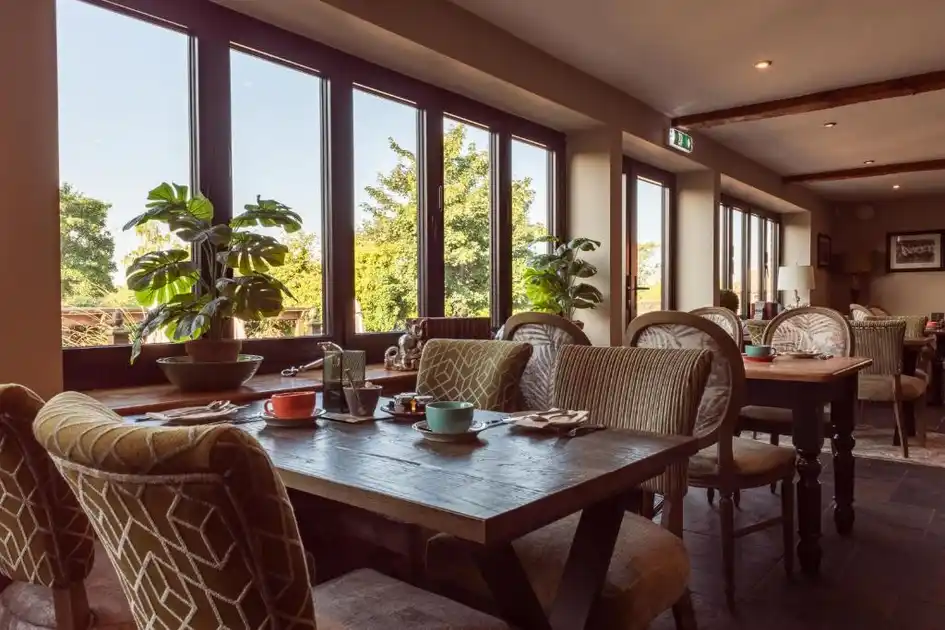 Restaurant dining area at The King William IV in Sedgeford, Norfolk, featuring wooden tables, upholstered chairs, large windows overlooking the garden and potted plants.