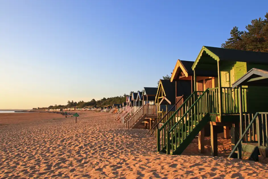 Colourful wooden beach huts lining the wide sandy beach at Wells-next-the-Sea, Norfolk, with pine woodland behind and the shoreline stretching into the distance.