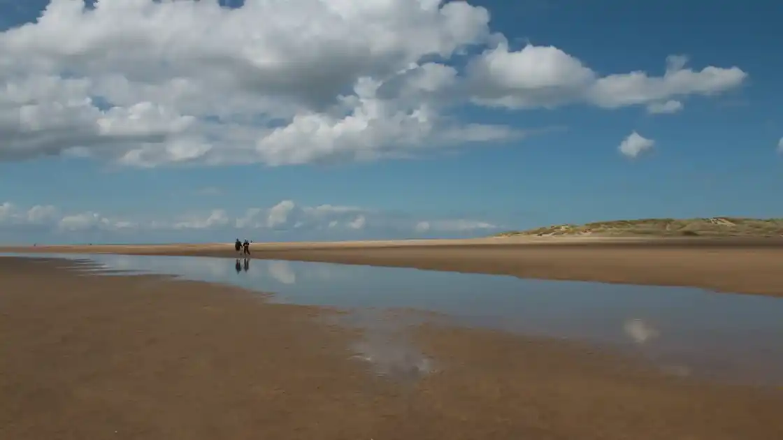 Wide sandy beach at Holkham on the Norfolk coast, with shallow tidal water reflecting the sky, walkers in the distance and sand dunes along the shoreline.