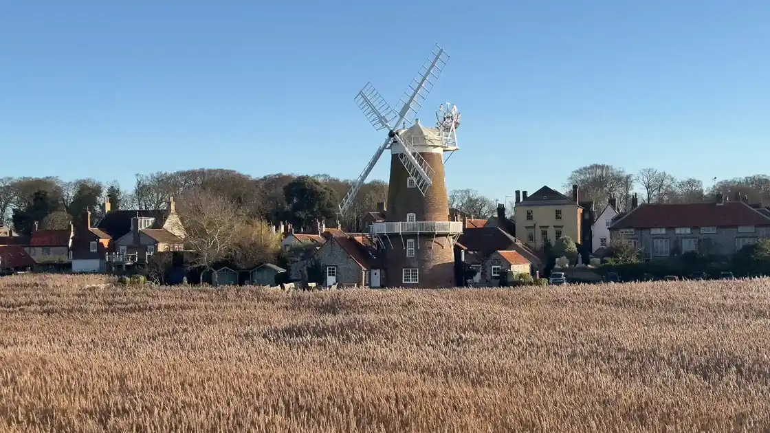 Historic Cley Windmill in Cley-next-the-Sea, Norfolk, rising above extensive coastal reedbeds, with traditional village buildings and a clear blue sky.