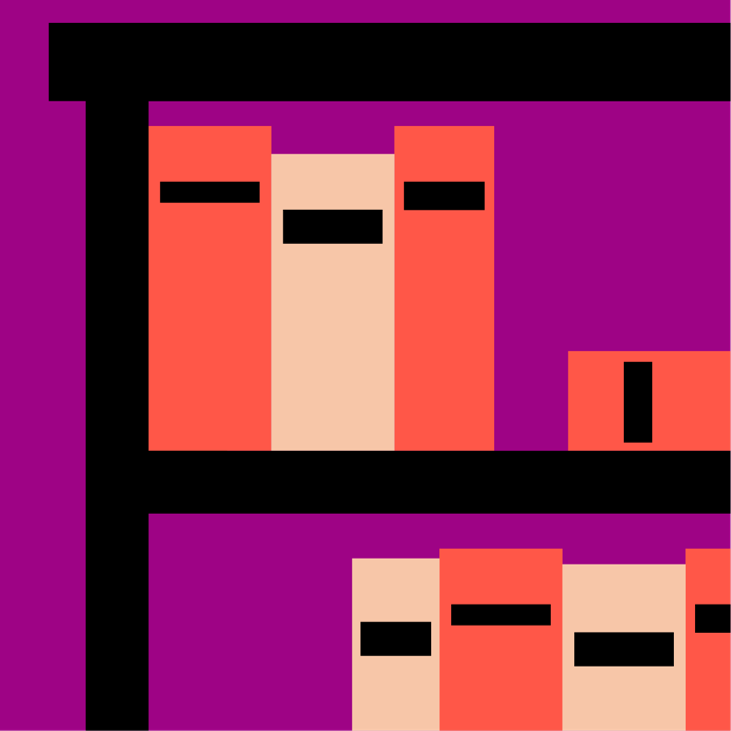 Abstrakte, farbige rechteckige Formen in Rot, Schwarz und Beige auf violettem Hintergrund, angeordnet in einem rasterartigen Muster.