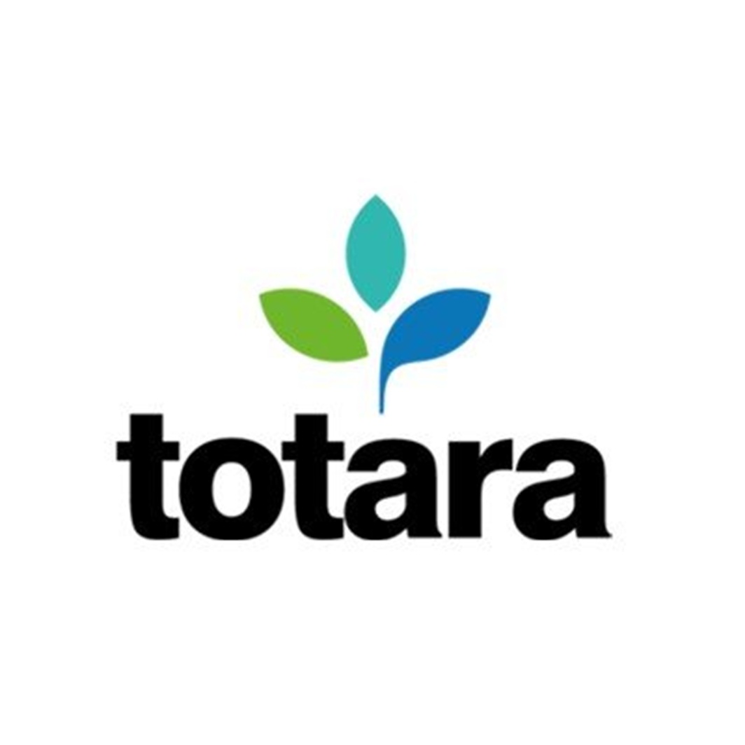 Totara Logo mit drei stilisierten Blättern in Grün, Türkis und Blau über dem Schriftzug.