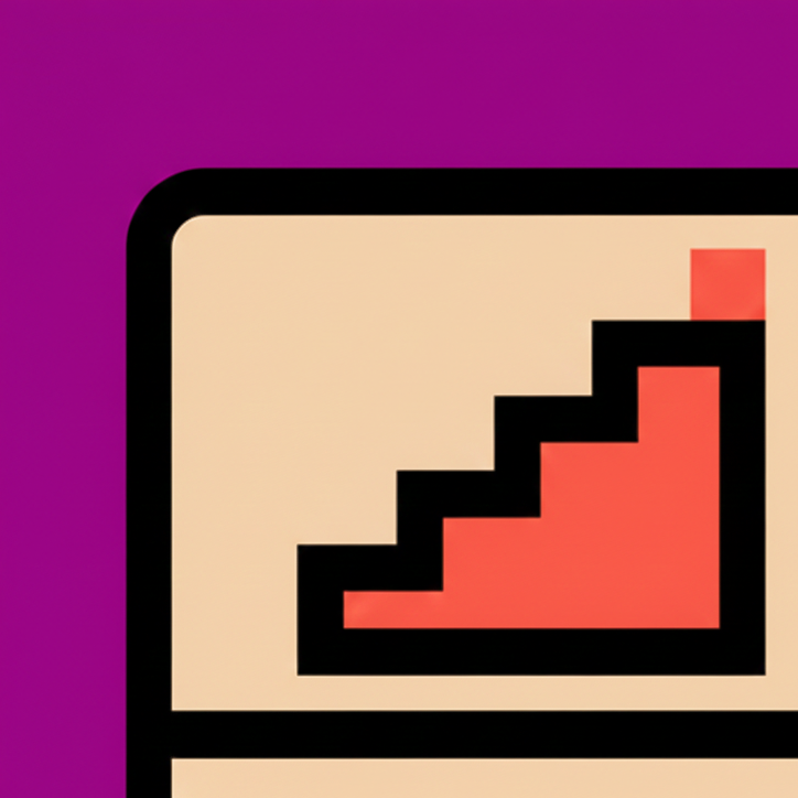 Abstraktes Design mit beigen Rechtecken, schwarzen Linien und einem roten Dreieck auf lila Hintergrund.