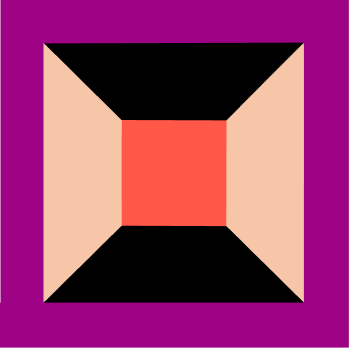 Abstraktes Design mit beigen Rechtecken, schwarzen Linien und einem roten Dreieck auf lila Hintergrund.