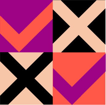 Abstrakte, farbige rechteckige Formen in Rot, Schwarz und Beige auf violettem Hintergrund, angeordnet in einem rasterartigen Muster.