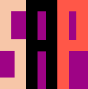 Grafische Darstellung eines zweistöckigen Hauses mit roter Fassade, schwarzem Dach, einem runden Fenster oben und einem großen Bogen als Haustür vor violettem Hintergrund.