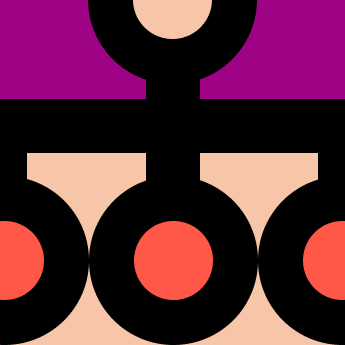 Grafische Darstellung eines zweistöckigen Hauses mit roter Fassade, schwarzem Dach, einem runden Fenster oben und einem großen Bogen als Haustür vor violettem Hintergrund.