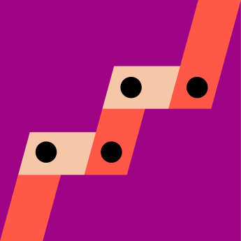 Abstrakte, farbige rechteckige Formen in Rot, Schwarz und Beige auf violettem Hintergrund, angeordnet in einem rasterartigen Muster.