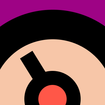 Grafische Darstellung eines zweistöckigen Hauses mit roter Fassade, schwarzem Dach, einem runden Fenster oben und einem großen Bogen als Haustür vor violettem Hintergrund.