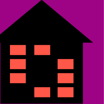 Abstraktes Design mit beigen Rechtecken, schwarzen Linien und einem roten Dreieck auf lila Hintergrund.