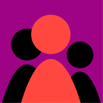 Abstrakte, farbige rechteckige Formen in Rot, Schwarz und Beige auf violettem Hintergrund, angeordnet in einem rasterartigen Muster.