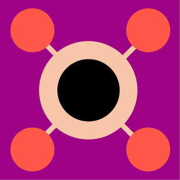 Abstraktes Design mit beigen Rechtecken, schwarzen Linien und einem roten Dreieck auf lila Hintergrund.