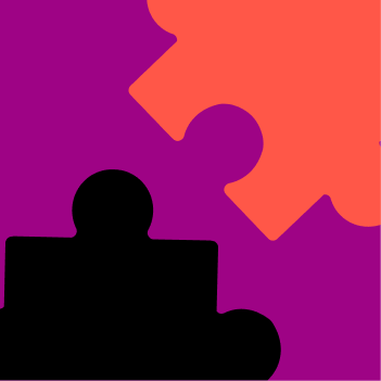 Grafische Darstellung eines zweistöckigen Hauses mit roter Fassade, schwarzem Dach, einem runden Fenster oben und einem großen Bogen als Haustür vor violettem Hintergrund.