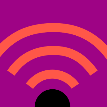 Grafische Darstellung eines zweistöckigen Hauses mit roter Fassade, schwarzem Dach, einem runden Fenster oben und einem großen Bogen als Haustür vor violettem Hintergrund.