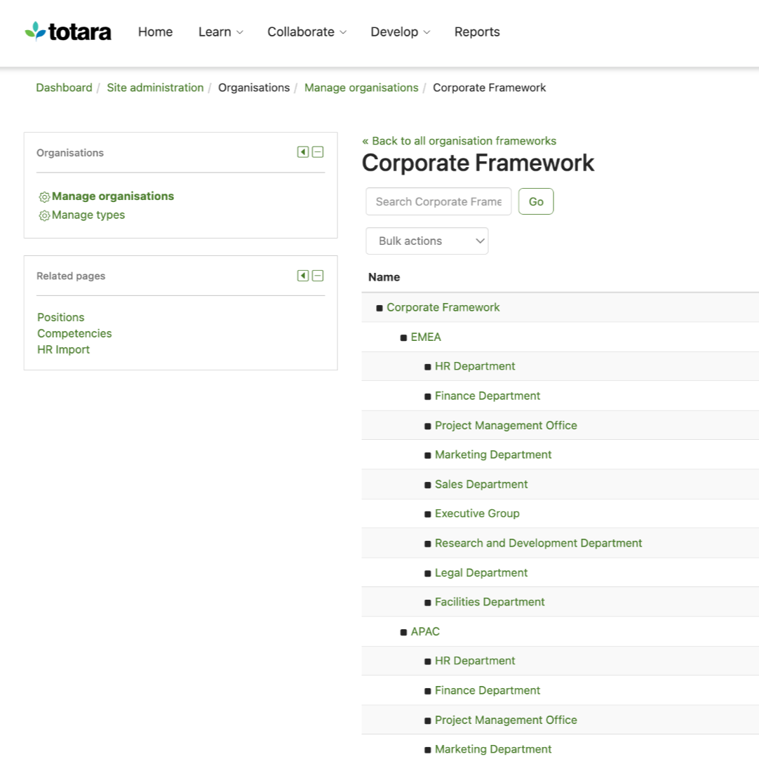 Ansicht eines Organisationsmanagement-Dashboards mit Abteilungen im Corporate Framework vom Totara LMS.
