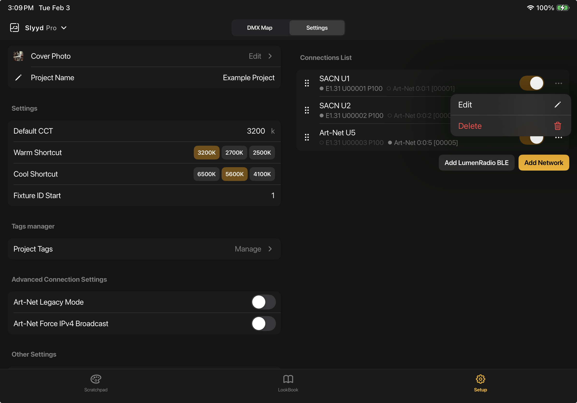 project settings screen